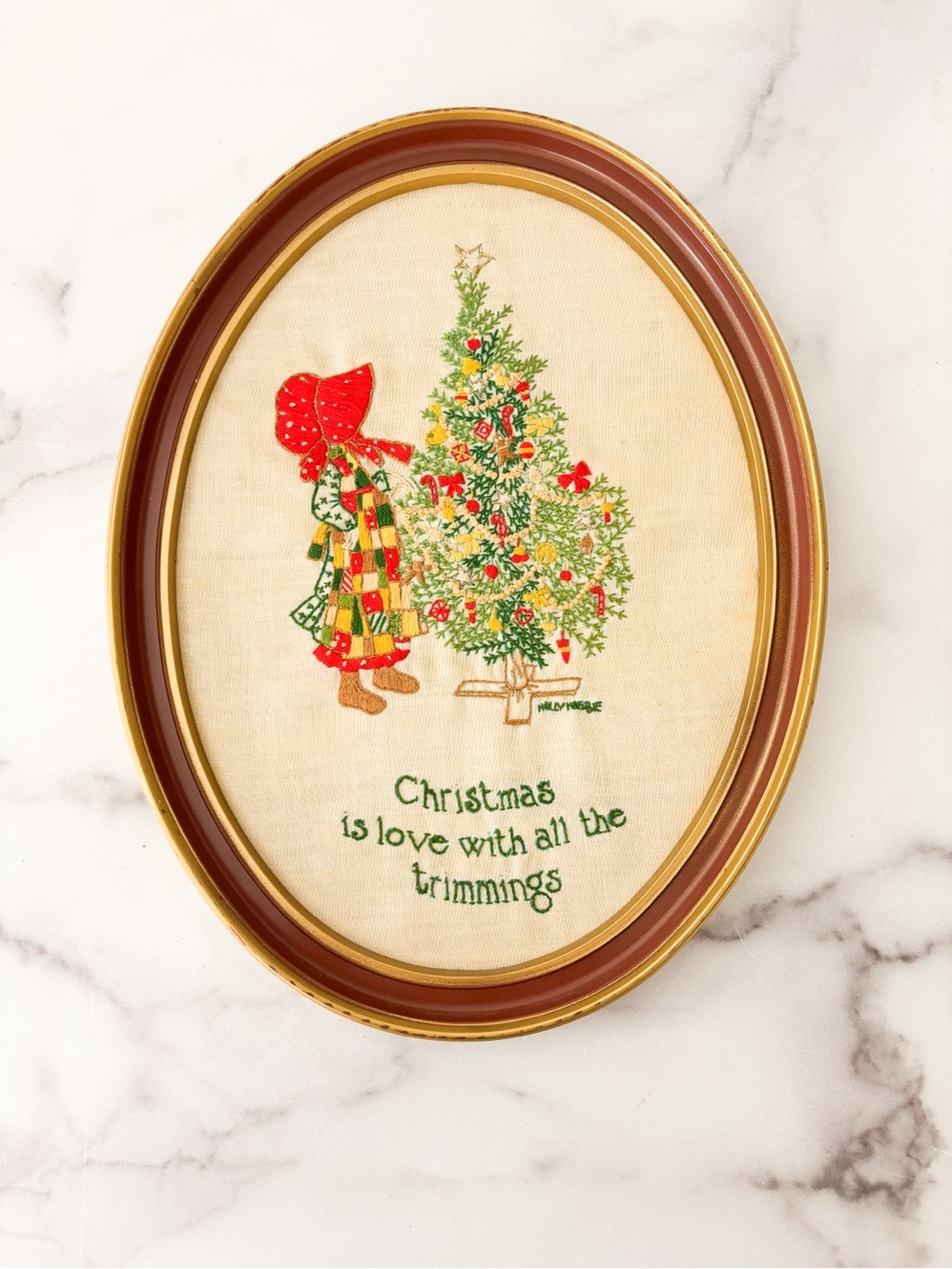 Vintage Embroidered Holiday Wall Framed - Red & Green Christmas Tree Design